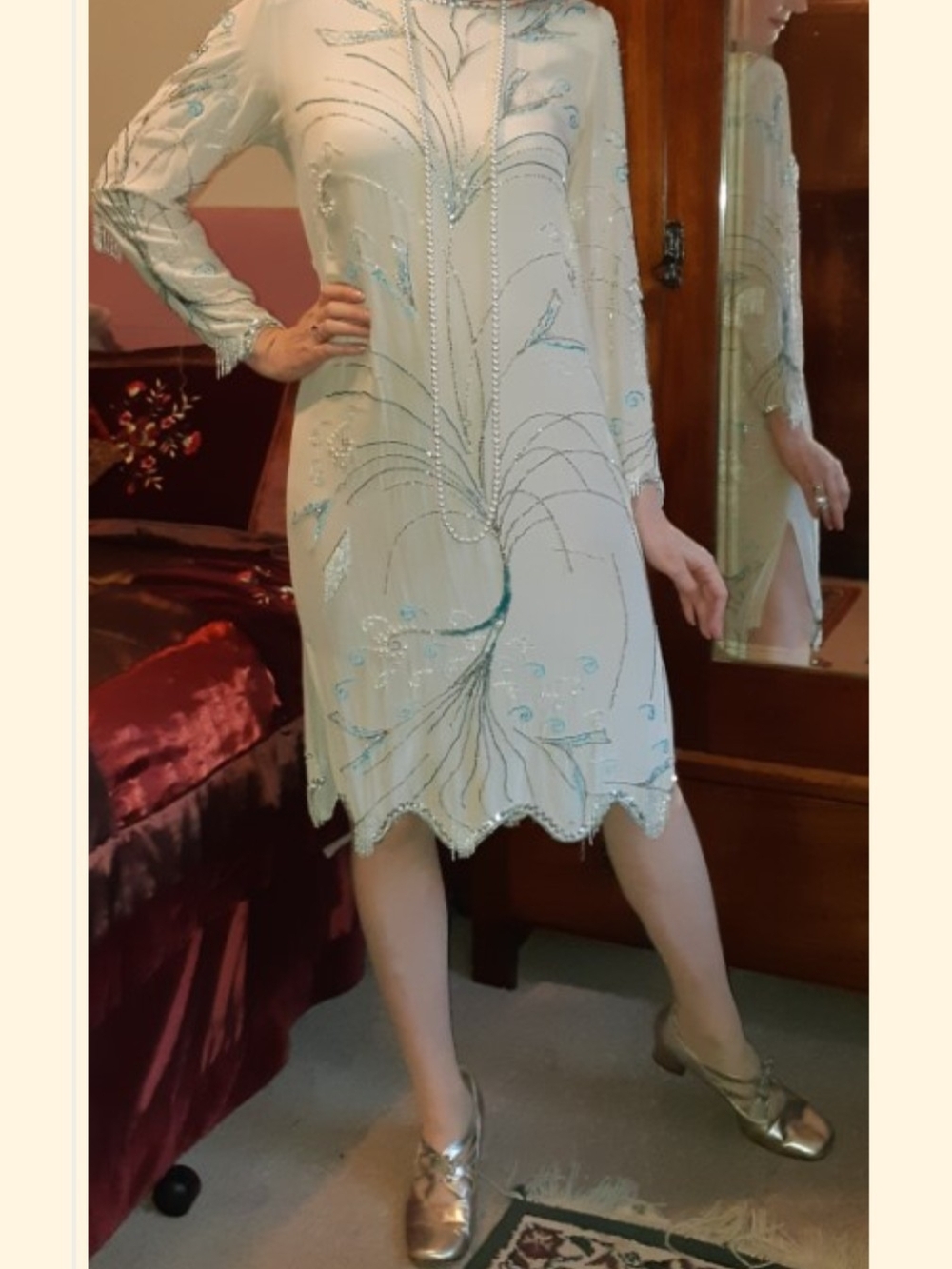 Argenti Notte Vintage Silk Cream Beaded Shift Dress, sz 4